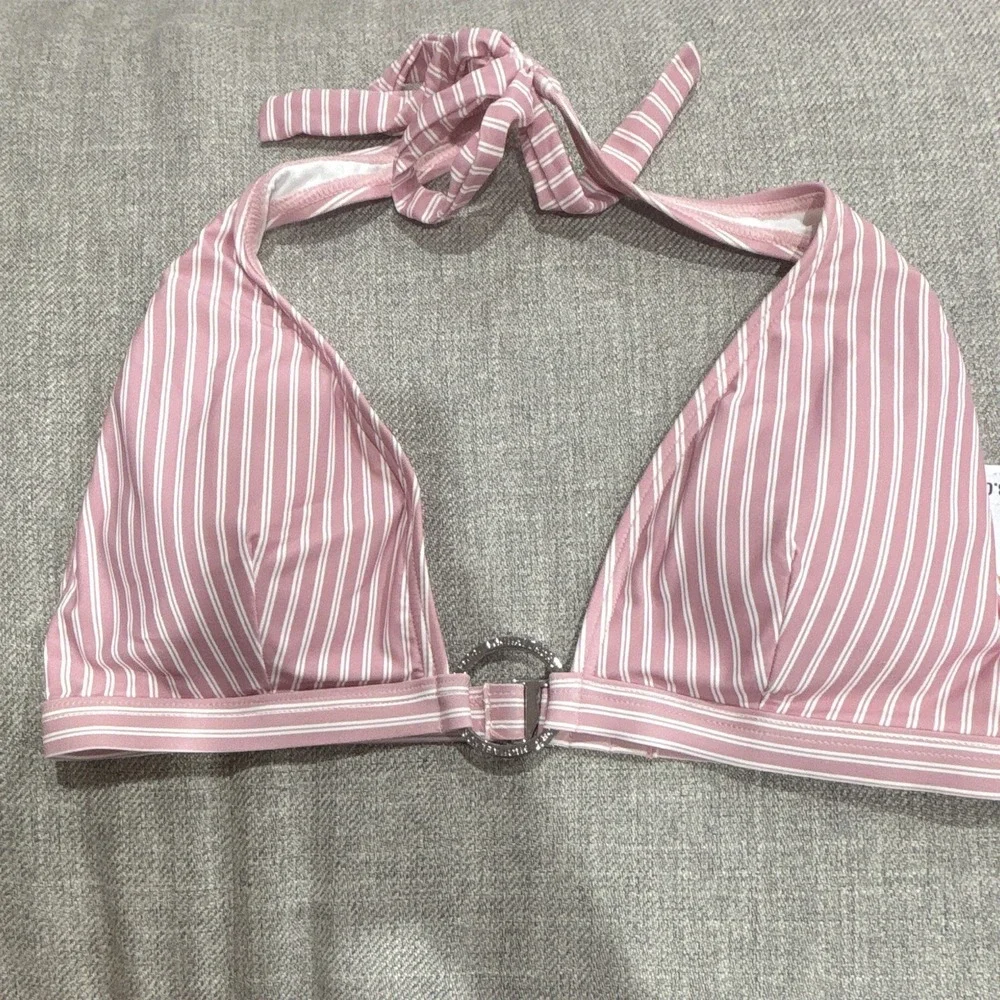 Michael Kors Pink/White Striped Halter Triangle Ring Bikini Top Lined Tie Sz S